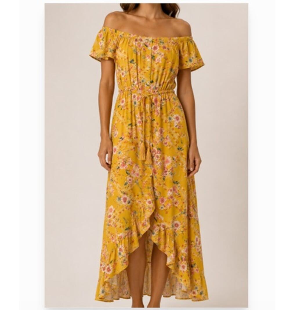 Abel The Label Off Shoulder High Low Maxi Dress Women M Yellow Floral Print Boho